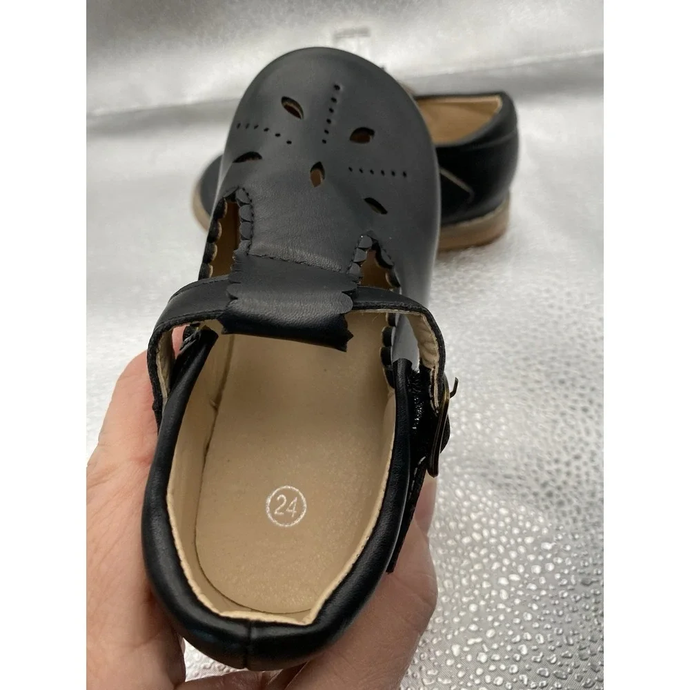 Girls Black Scalloped Cut-Out Buckle Mary Jane Flats Adjustable Strap Size 24